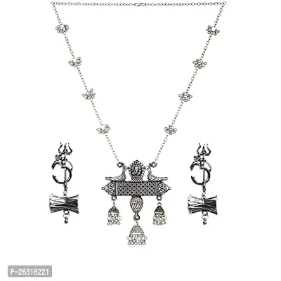 VAPPS Oxidised Silver Chain Pendant Necklace, Trishul Drop Earrings Antique Jewellery Set for Women and Girls (VA-JS-ST-11-A)