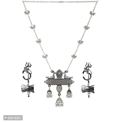 VAPPS Oxidised Silver Chain Pendant Necklace, Trishul Drop Earrings Antique Jewellery Set for Women and Girls (VA-JS-ST-11-A)-thumb0