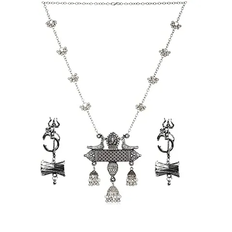 VAPPS Oxidised Chain Pendant Necklace, Trishul Drop Earrings Jewellery Set for Women and Girls (VA-JS-ST-11-A)