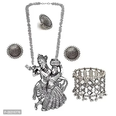 VAPPS Oxidised Silver-Plated Radha Krishana Necklace, Studs Earrings, Ring and Silver Tone Mirror Work Bracelet Antique Traditional Jewellery Set for women and girls(VA-JS-ST-20-E)