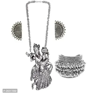 VAPPS Oxidised Silver-Plated Radha Krishana Necklace, Half Circular Studs Earrings and Ghungroo Handcrafted Cuff Bracelet Antique Traditional Jewellery Set for women and girls (VA-JS-ST-21-C-1)