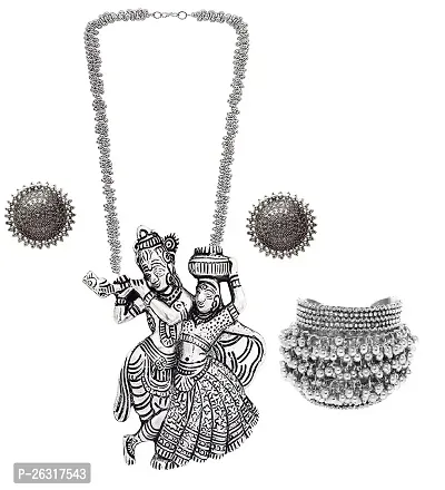 VAPPS Oxidised Silver-Plated Radha Krishana Necklace, Studs Earrings and Ghungroo Handcrafted Cuff Bracelet Antique Traditional Jewellery Set for women and girls (VA-JS-ST-20-F)