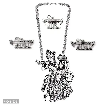 VAPPS Oxidised Silver-Plated Radha Krishana Necklace, Meera Studs Earrings and Ring Antique Traditional Jewellery Set for women and girls (VA-JS-ST-20-I)