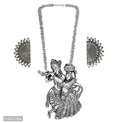 VAPPS Oxidised Silver-Plated Radha Krishana Necklace and Half Circular Studs Earrings Antique Traditional Jewellery Set (VA-JS-ST-21-A-1)