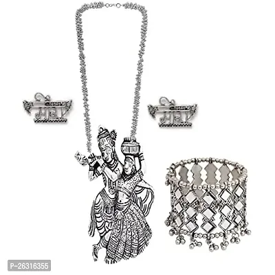 VAPPS Oxidised Silver-Plated Radha Krishana Necklace, Meera Studs Earrings and Silver Tone Mirror Work Bracelet Antique Traditional Jewellery Set (VA-JS-ST-20-J)