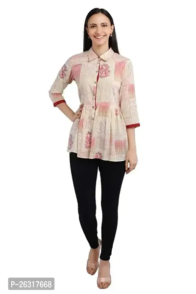 VAPPS Printed Cotton Shirt Collar Flared Tunic for Women (Red, Grey, Yellow, Blue)