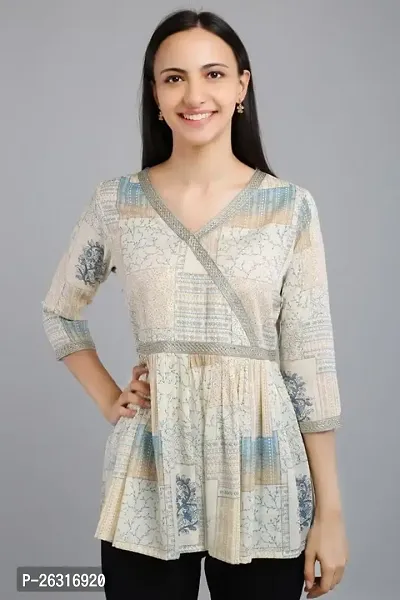 VAPPS Printed Cotton Angrakha Style Flared Tunic for Women (Yellow,Grey,Red,Blue)-thumb2