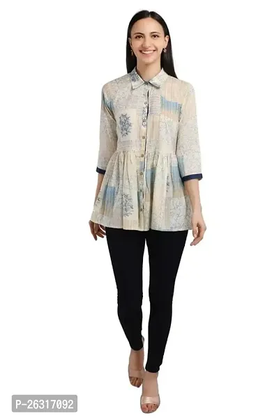 VAPPS Printed Cotton Shirt Collar Flared Tunic for Women (Red, Grey, Yellow, Blue)-thumb0