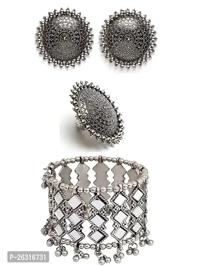 VAPPS Oxidised Silver-Plated Studs Earring, Ring and Silver Tone Mirror Work Bracelet Antique Jewellery Set (VA-JS-ST-19-B)