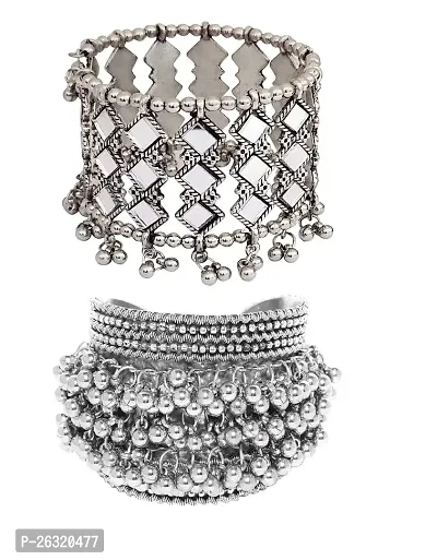VAPPS Oxidised Silver-Plated Ghungroo Cuff Bracelet and Silver Tone Mirror Work Bracelet (Set of 2) for Women and Girls (VA-BRAC-ST-03)-thumb0