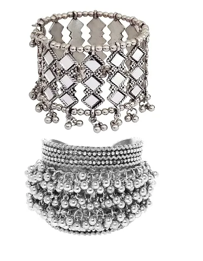 VAPPS Oxidised Silver-Plated Ghungroo Cuff Bracelet and Silver Tone Mirror Work Bracelet (Set of 2) for Women and Girls (VA-BRAC-ST-03)