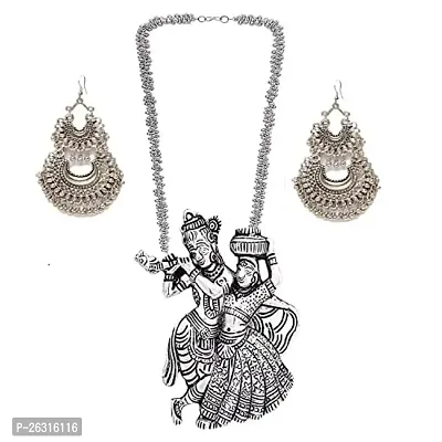 VAPPS Oxidised Silver-Plated Radha Krishana Necklace and Double Chandbali Earrings Jewellery Set for Women and Girls (VA-JS-ST-23-D)-thumb0