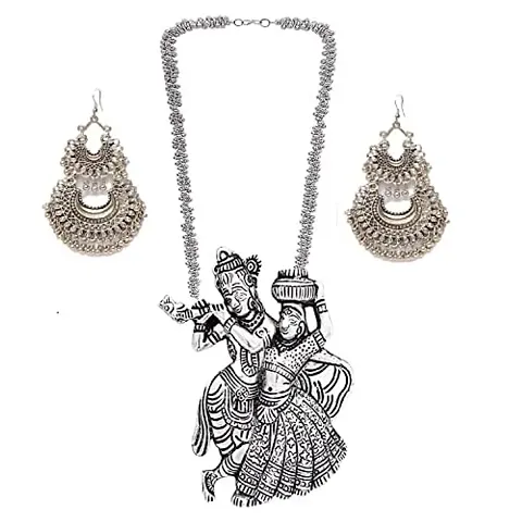 VAPPS Oxidised Silver-Plated Radha Krishana Necklace and Double Chandbali Earrings Jewellery Set for Women and Girls (VA-JS-ST-23-D)