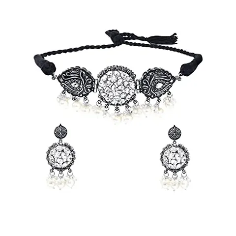 VAPPS Oxidized Silver-Plated Stone Studded Beads Choker Jewellery Set for Women and Girls (White)