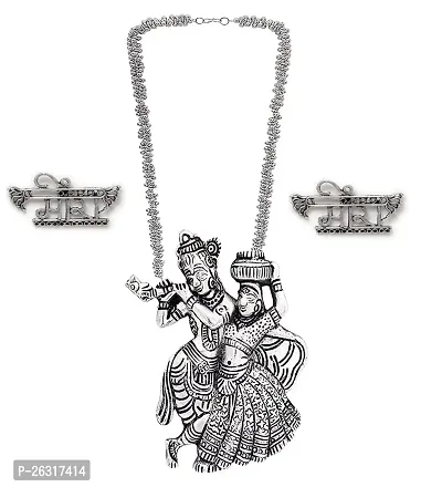 VAPPS Oxidised Silver-Plated Radha Krishana Necklace and Meera Studs Earrings Antique Traditional Jewellery Set (VA-JS-ST-20-H)