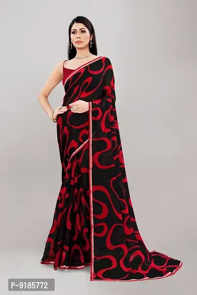 Stylish Georgette Black And Red Saree With Blouse Piece For Women
