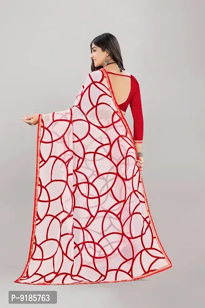 Stylish Chiffon Red And White Saree With Blouse Piece For Women-thumb2