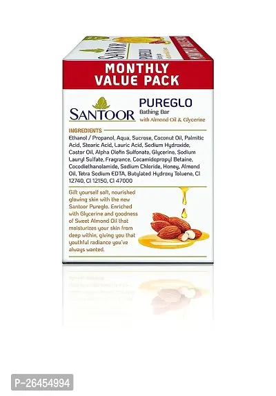 Santoor PureGlo Glycerine Bathing Bar Soap with Almond Oil for Nourished  Glowing Skin| Gentle  Rich Lathering Formula| Refreshing Fragrance| For All Skin Types| 125g, Pack of 3-thumb4