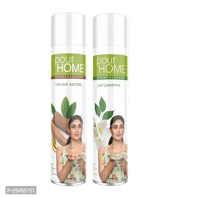 POUR HOME Sacred Sandal  Just Jasmine Room Air Freshener Spray - 220ML Each (Pack of 2) | Long-Lasting Fragrance - Reduces Odours - Suitable for Home  Office-thumb0