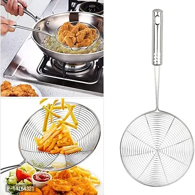 Mejilla Stainless Steel Deep Fry Jhara/ Mesh Laddle Jharni/ Puri Strainer /Wire Skimmer with Handle for Oil Extraction - 10 Inch Handle-thumb0