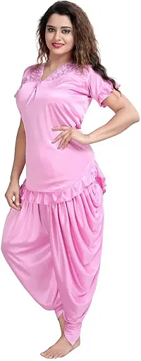 AK Ultimate Top and Dhoti Style Bottom Night Suit/Nighty/Nightdress/Night Gown for Women's Silk Plain/Solid Pyjama Set Pack of 2 Red-thumb3