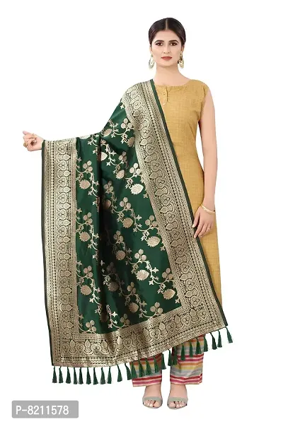 Enthone Women's Woven Floral Banarasi Silk Dark Green Dupatta (SZDPDG-20)-thumb0