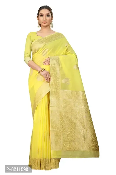 SILK LAND Women's Jamdani Cotton Woven Silk Saree with Blouse Piece (CTN_CORN_YELLOW)-thumb0