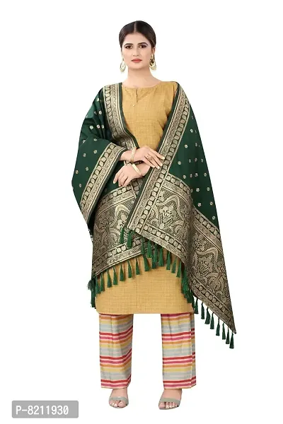 Enthone Women's Woven Ethnic Motifs Banarasi Silk Dark Green Dupatta (SZDPDG-4)