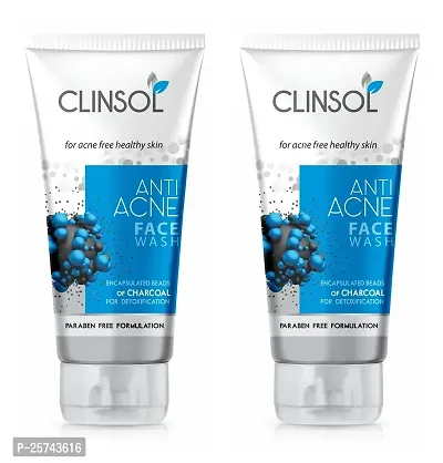 Leeford Clinsol Anti Acne Charcoal Facewash For Acne-Free And Healthy Skin With Encapsulated Beads Of Charcoal For Detoxifying Pack Of 2