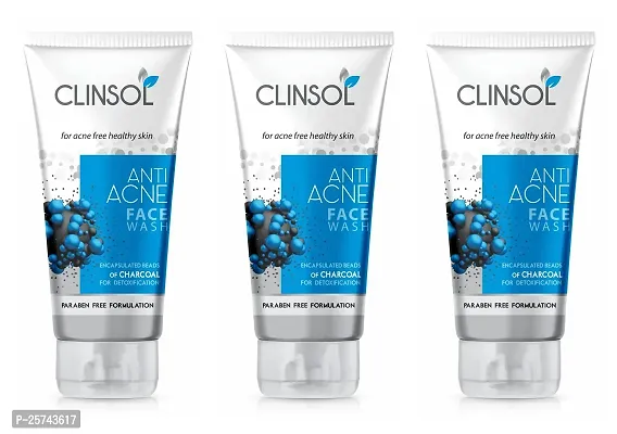 Leeford Clinsol Anti Acne Charcoal Facewash For Acne-Free And Healthy Skin With Encapsulated Beads Of Charcoal For Detoxifying Pack Of 3-thumb0