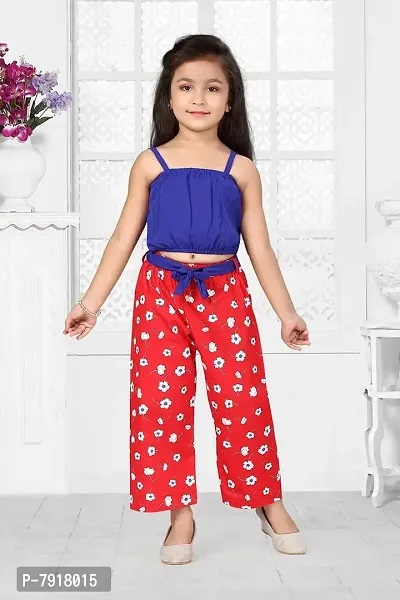 baby wish Girl Dress Full Length Fancy Frock Floral Prints Girls Sleeveles Top Plazzo Set Dress Girls Wedding Party Dress Two Piece Frock Top Bottom Gift Set (Red Daisy Plazzo, 3-4Y)-thumb2