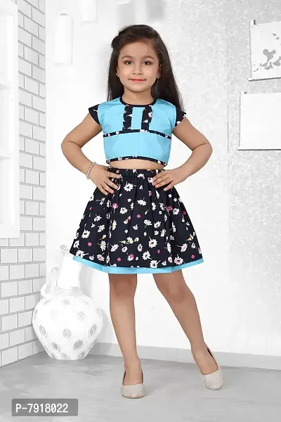 baby wish Girl Dress Knee Length Fancy Frock Floral Prints Girls Half Sleeve Dress Girls Cotton Frock Midi Wedding Party Dress Two Piece Frock Top Skirt Gift Set (BlueBells Floral Blue, 4-5Y)-thumb2