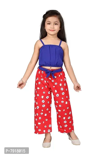 baby wish Girl Dress Full Length Fancy Frock Floral Prints Girls Sleeveles Top Plazzo Set Dress Girls Wedding Party Dress Two Piece Frock Top Bottom Gift Set (Red Daisy Plazzo, 3-4Y)-thumb0