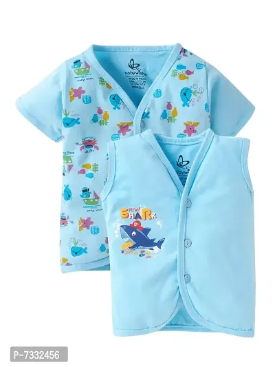 baby wish Baby Clothes Set for Kids Pure Cotton Snap Front Button Open Half Sleeves Jabla Vest T-Shirt Infant Dress Newborn Jhabla Pajama Set Kids Vest Set (Marine Set, 12-18M)-thumb0