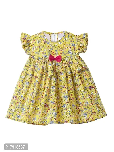 baby wish Girl Dress Knee Length Frock Floral Prints Girls Short Sleeve Wings Dress Girls Cotton Frock (Yellow Bow, 3-4Y)
