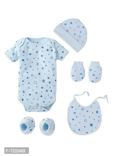 baby wish Baby Boy's and Baby Girl s Bodysuits Mittens Booties and caps Combo Cotton Full Sleeve Rompers Gift Set Full Sleeves Onesies for Infant Pack Newborn Baby Gift Set (Star Clouds Blue)