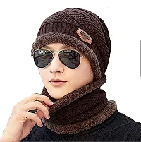 Ultra Soft Unisex Beanie Cap with Neck Warmer for Men  Women.BROWN-thumb1