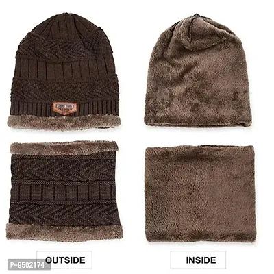 Ultra Soft Unisex Beanie Cap with Neck Warmer for Men  Women.BROWN-thumb3