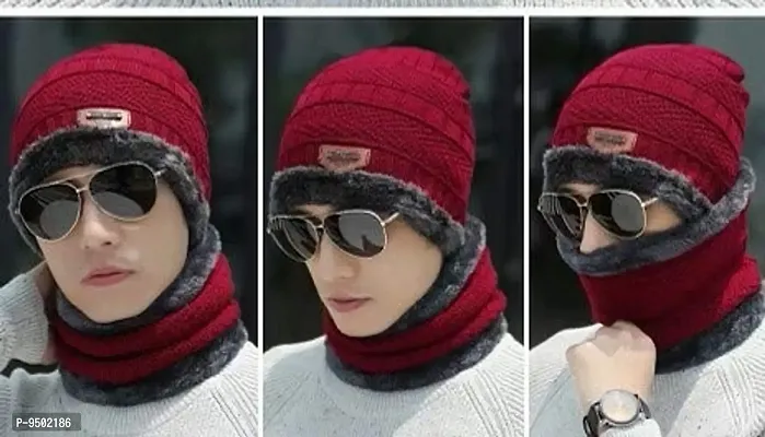 Ultra Soft Unisex Beanie Cap with Neck Warmer for Men  Women.MAROON-thumb3