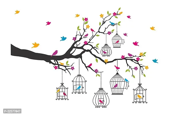 Designer Branches With Flowers And Birds Cages Wall Sticker-thumb0