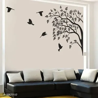 Designer Waterproof Monochrome Tree And Birds Wall Sticker-thumb0