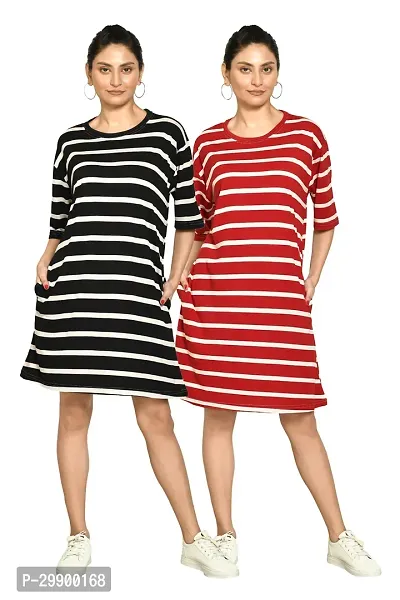 Stylish Multicoloured Cotton Blend Striped Round Neck A-Line Dress For Women Pack Of 2-thumb0