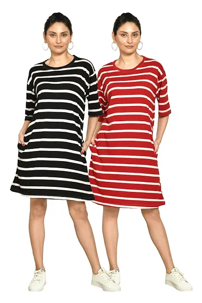 Stylish Blend Striped Round Neck A-Line Dress For Women Pack Of 2