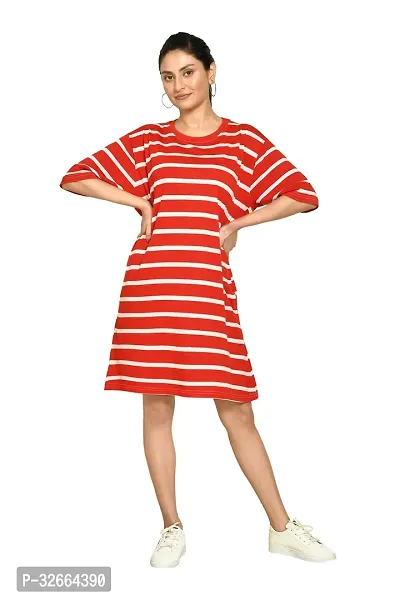 Stylish Red Cotton Striped T-Shirt Dresses For Women-thumb0