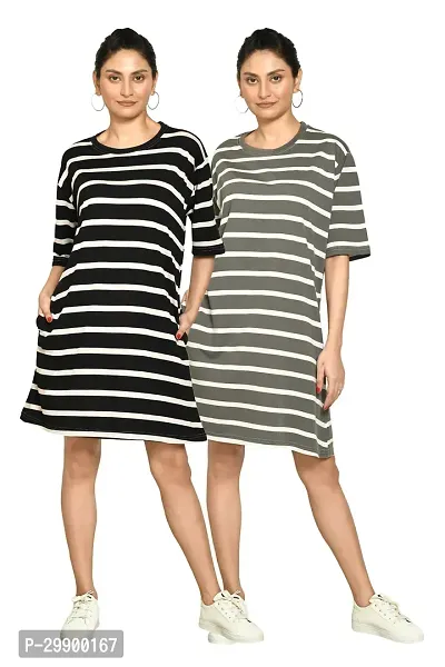 Stylish Multicoloured Cotton Blend Striped Round Neck A-Line Dress For Women Pack Of 2-thumb0