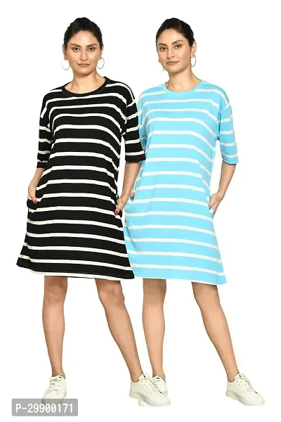 Stylish Multicoloured Cotton Blend Striped Round Neck A-Line Dress For Women Pack Of 2-thumb0