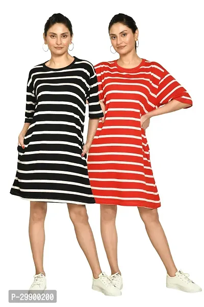 Stylish Multicoloured Cotton Blend Striped Round Neck A-Line Dress For Women Pack Of 2-thumb0