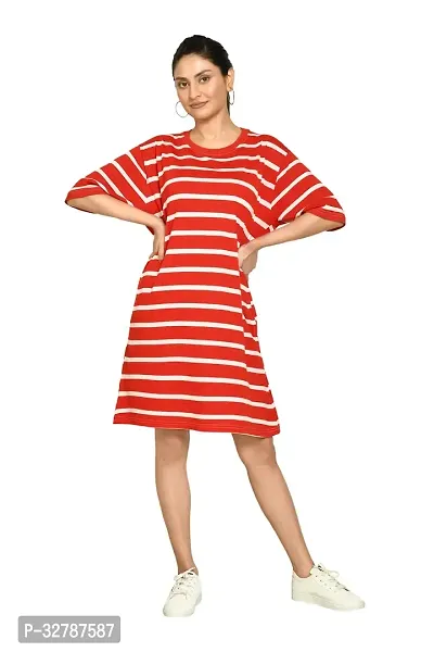 Stylish Red Cotton Striped A-Line Dress For Women-thumb0