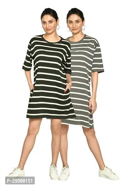 Stylish Multicoloured Cotton Blend Striped Round Neck A-Line Dress For Women Pack Of 2