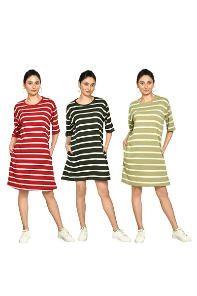 Stylish Blend Striped Round Neck A-Line Dress For Women Pack Of 3